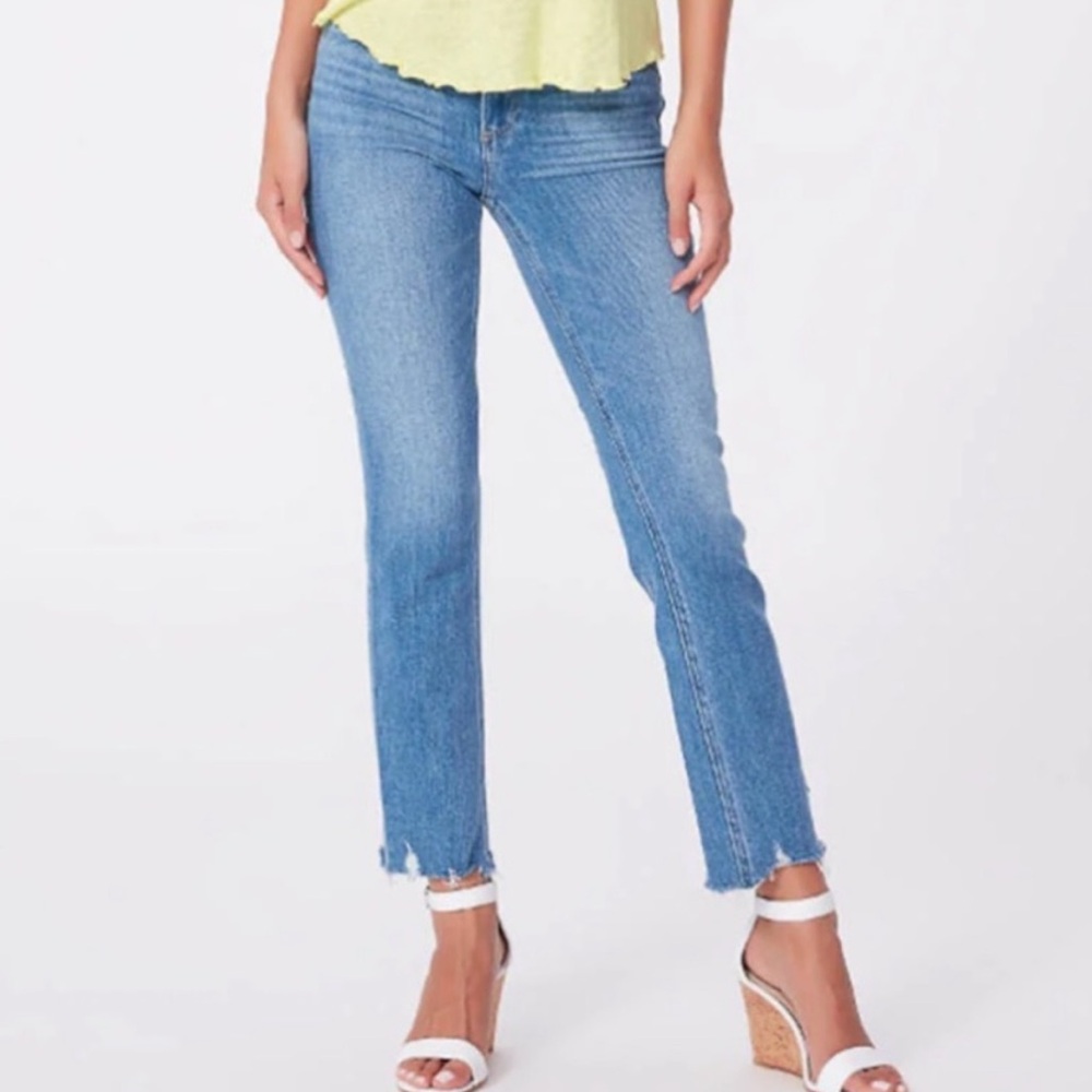 PAIGE Cindy medium blue straight leg jeans in mel destroyed hem